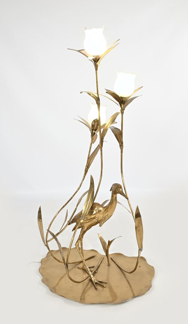 Grande lampada da terra con Airone e foglie di calla, prod. Cittone Oggi Milano
