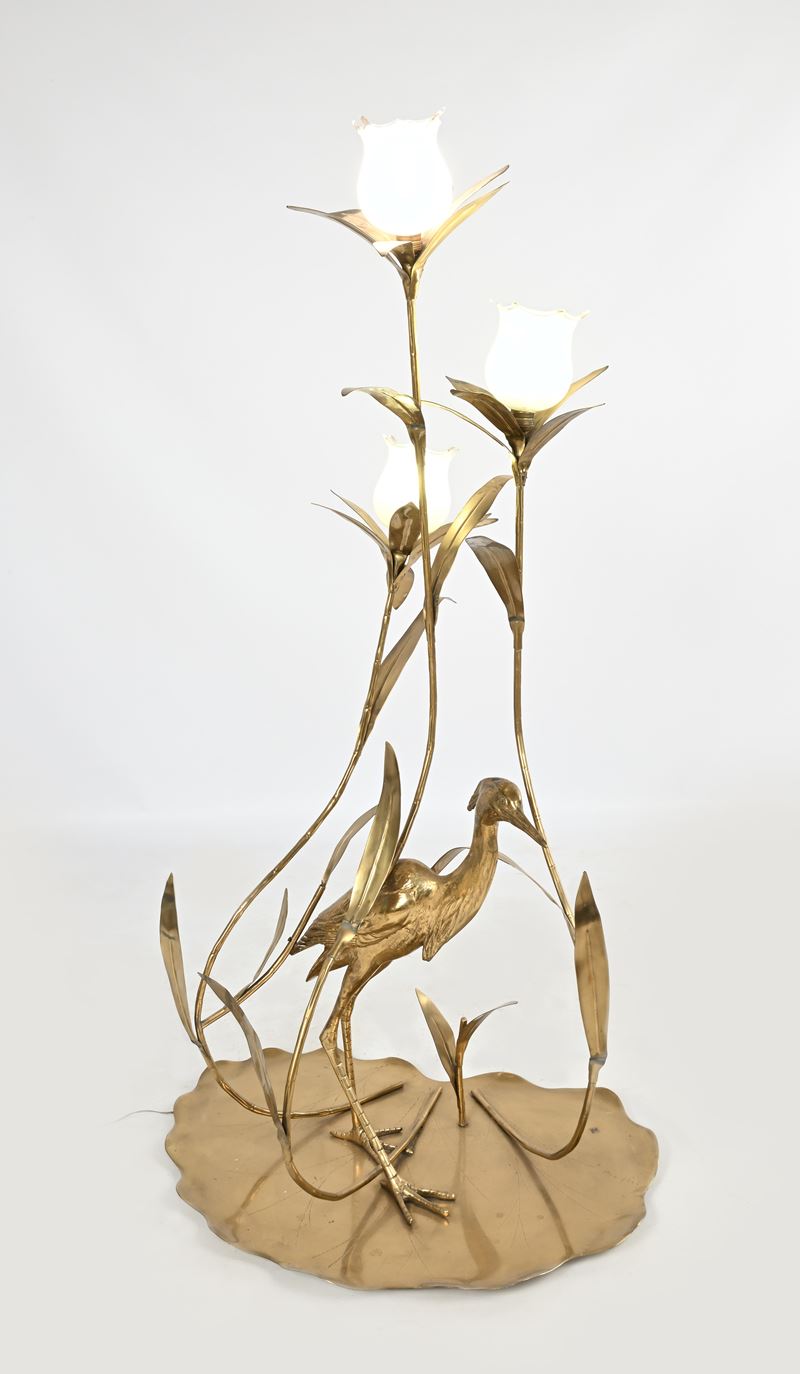 Grande lampada da terra con Airone e foglie di calla, prod. Cittone Oggi Milano