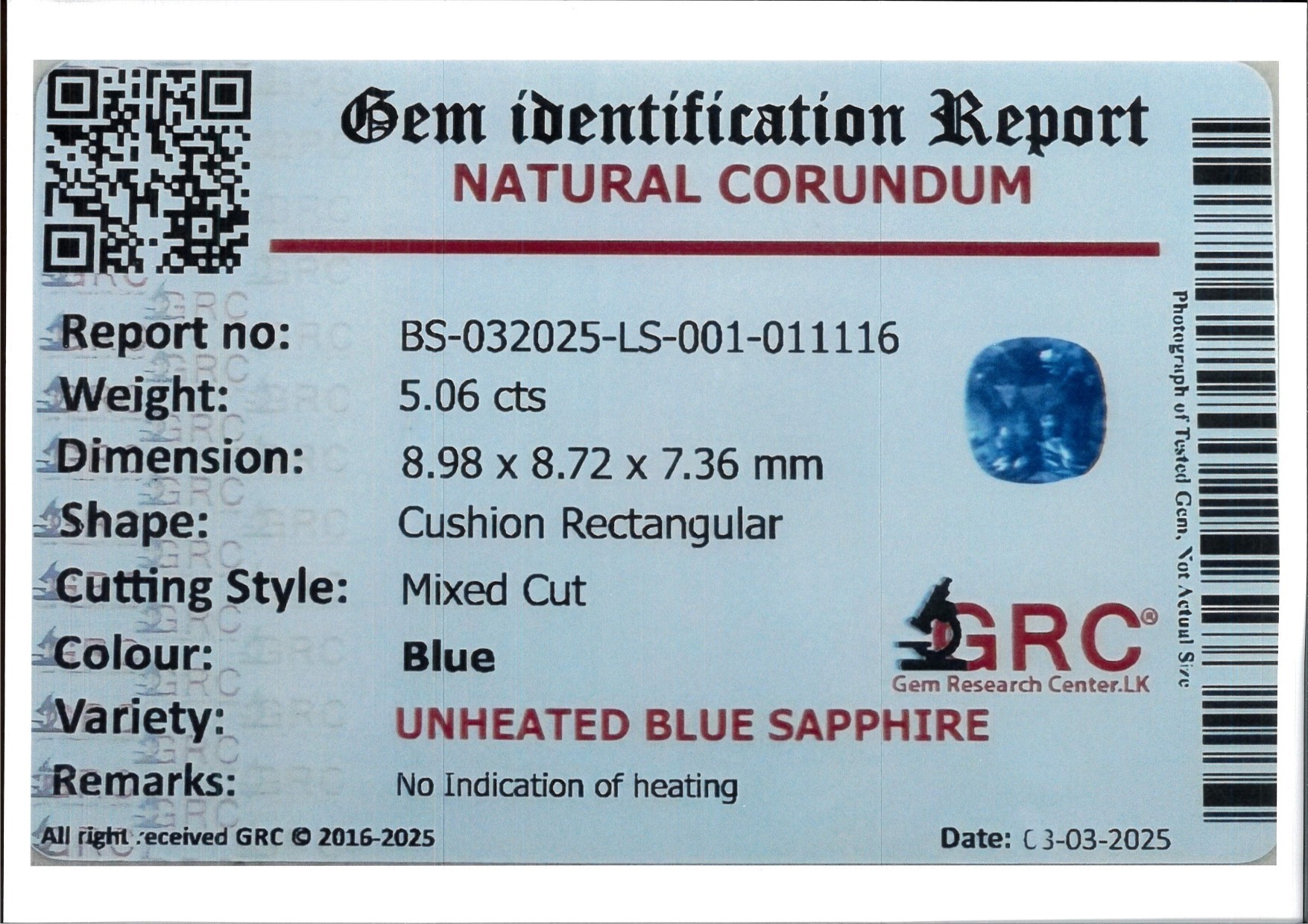Zaffiro Naturale Ct. 5,06 in Taglio Cuscino