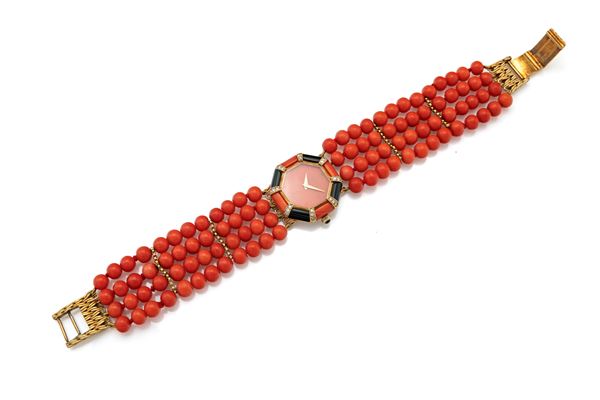 Delaneau - Orologio gioiello in oro, corallo, onice e brillanti