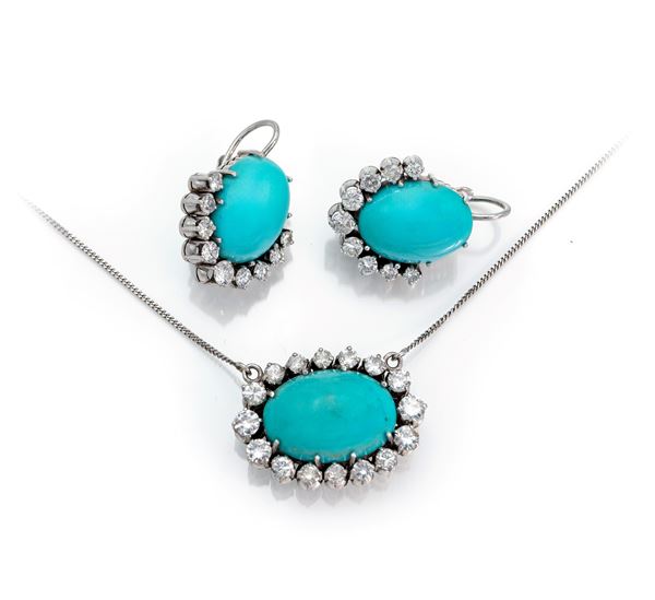 Parure girocollo e orecchini in oro, turchese e brillanti