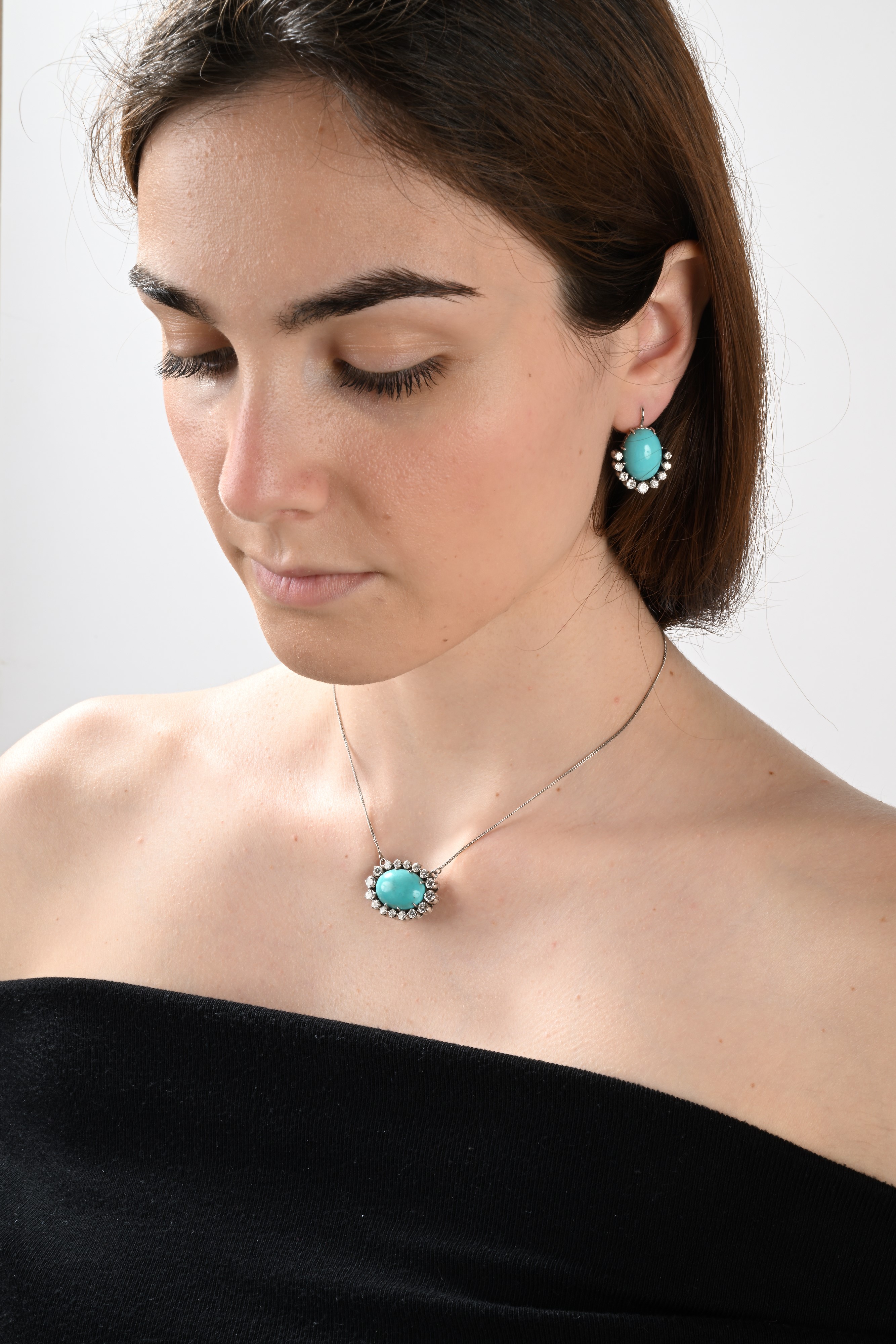 Parure Girocollo e Orecchini in Oro, Turchese e Brillanti