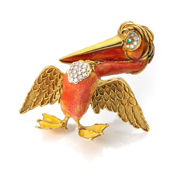 Frascarolo, spilla pellicano in oro, smalto e brillanti