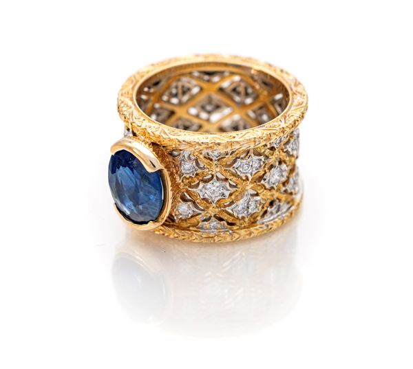 Mario Buccellati, anello veretta in oro, brillanti e zaffiro centrale