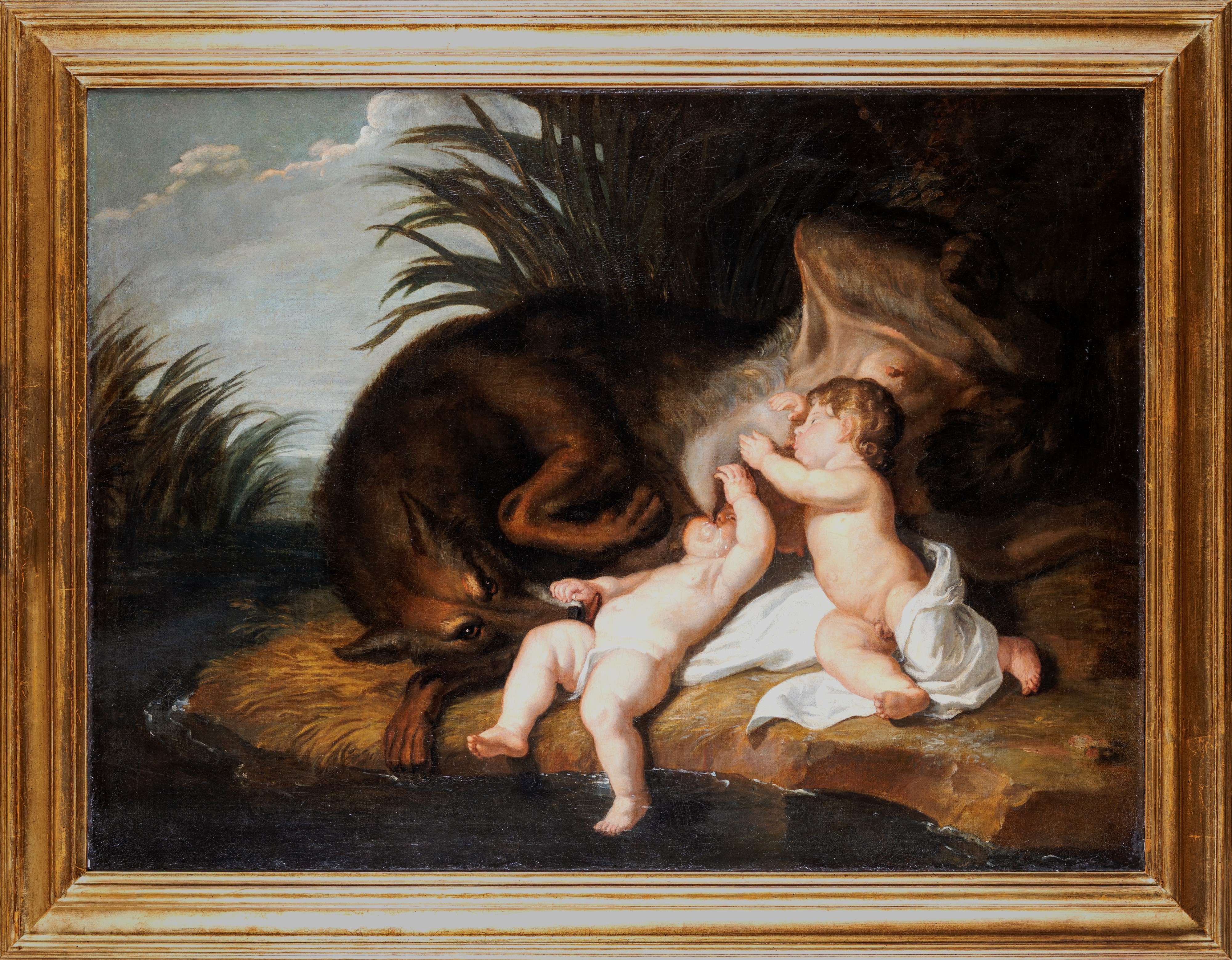Pittore Romano del XVII Secolo - Romolo e Remo allattati dalla Lupa, olio su tela