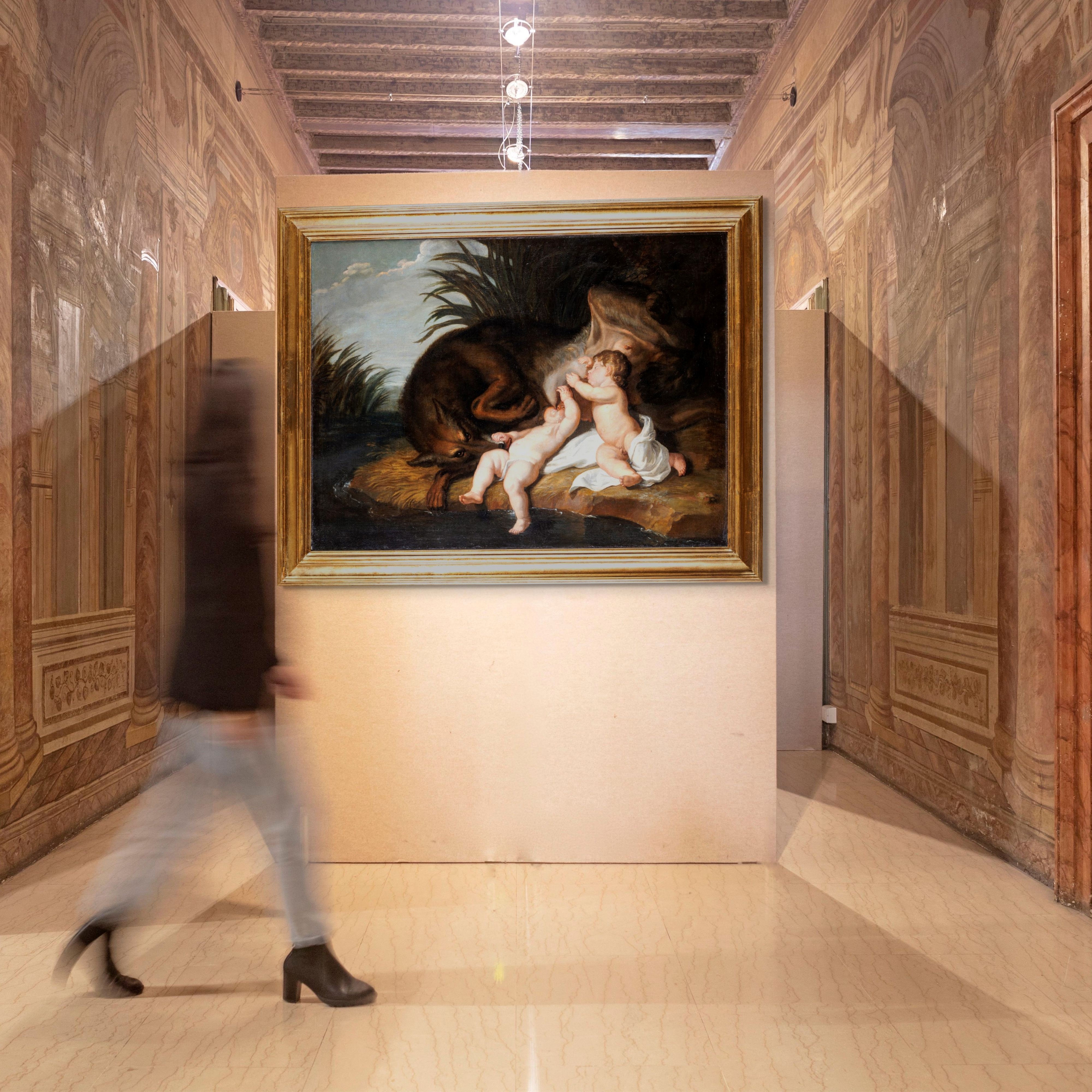 Pittore Romano del XVII Secolo - Romolo e Remo allattati dalla Lupa, olio su tela