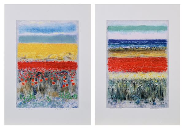 Natale Addamiano - Lotto di due litografie "Paesaggio"