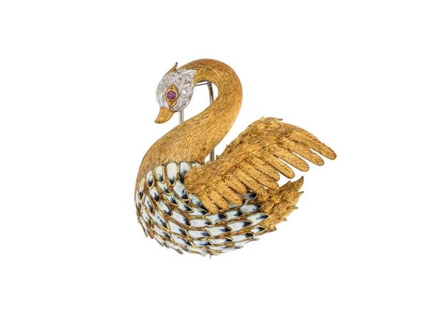SPILLA CIGNO IN ORO GIALLO