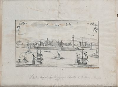 Veduta del Porto di Civitavecchia, inchiostro acquerellato su carta
