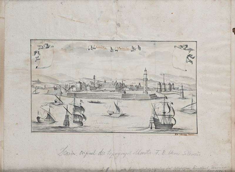 Friedrich Bernhard Werner - Veduta del Porto di Civitavecchia, inchiostro acquerellato su carta