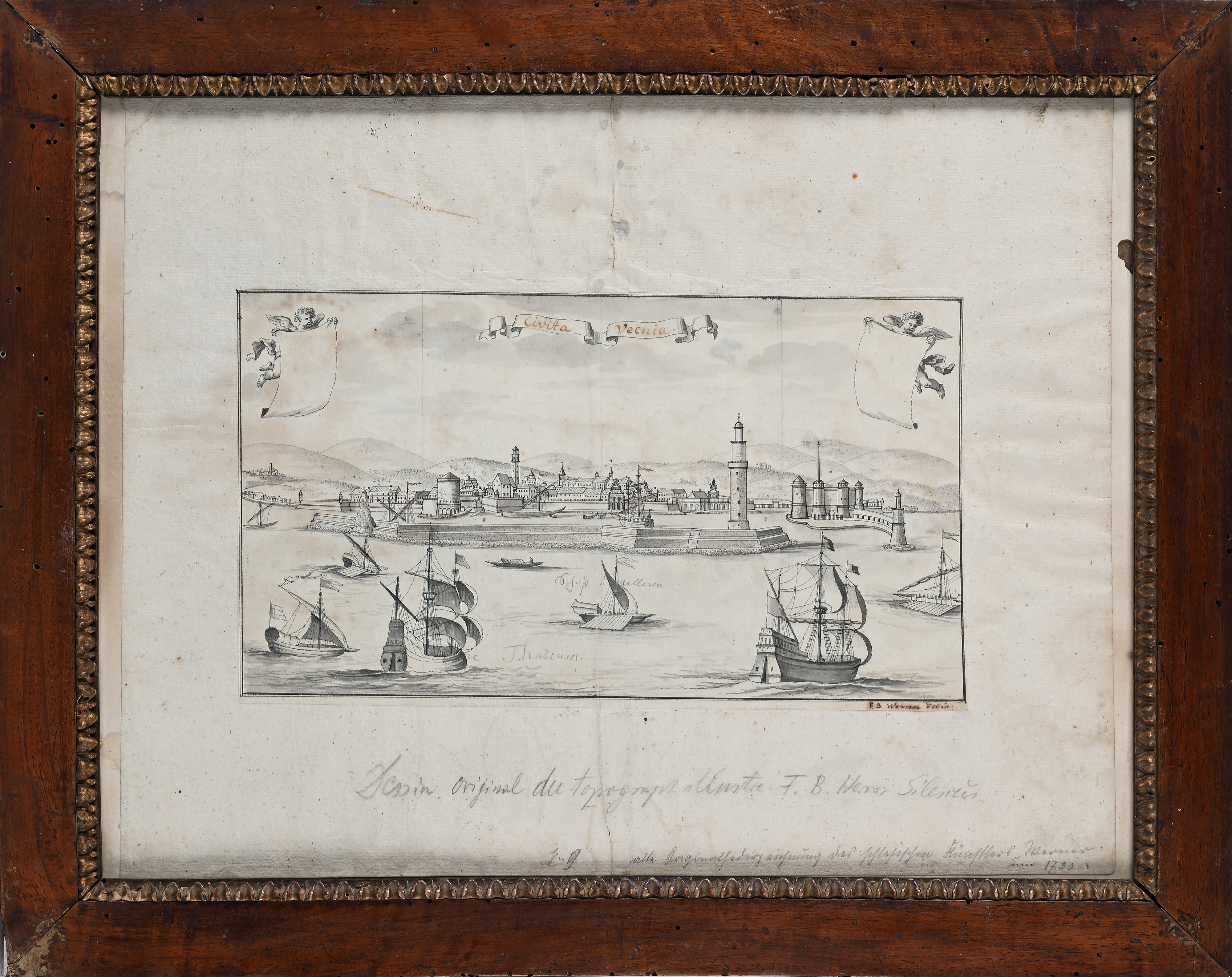 Friedrich Bernhard Werner - Veduta del Porto di Civitavecchia, inchiostro acquerellato su carta