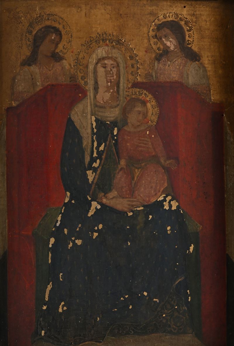 Scuola Umbra del XV Secolo - Madonna col Bambino in trono e due Santi, tempera su tavola