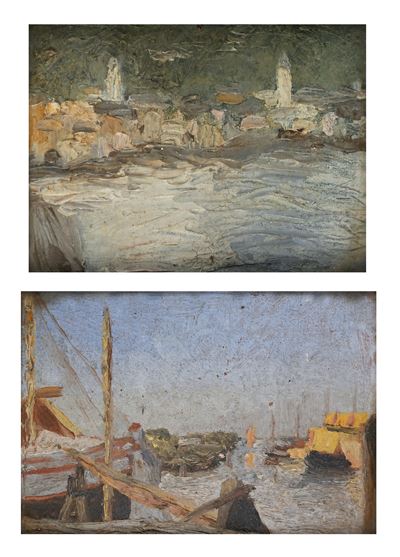 Scuola Italiana fine del XIX secolo, Venezia, due vedute lagunari, oli su cartone