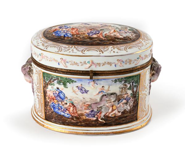 Cofanetto in porcellana policroma istoriata, probabilmente Doccia, manifattura Ginori, XIX secolo