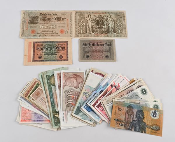 Lotto 56 banconote italiane ed estere e 17 Miniassegni