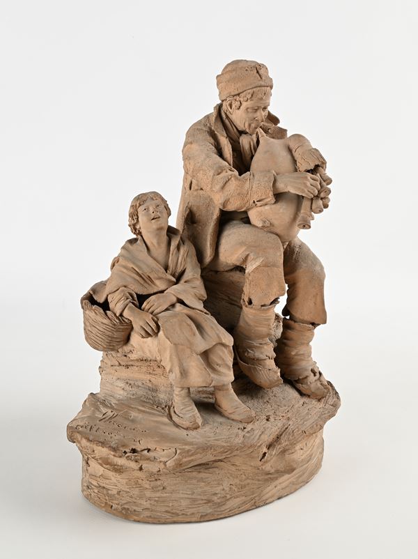 Zampognaro e fanciulla con scialle e cesta