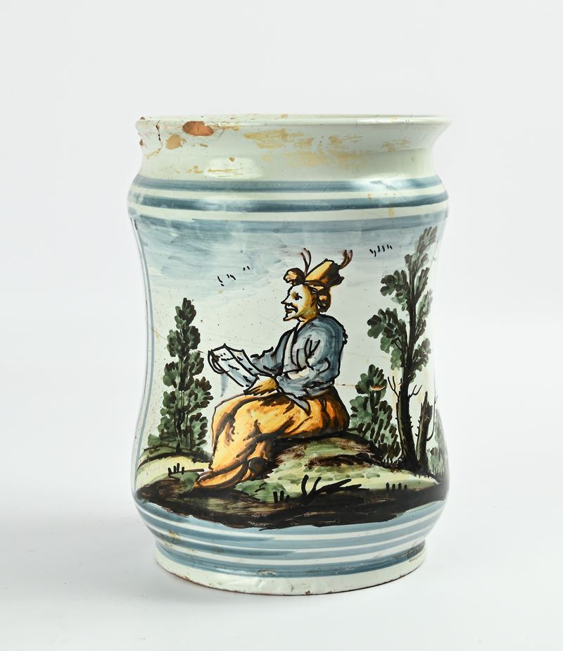 Grande albarello in maiolica policroma, Cerreto, XVIII secolo