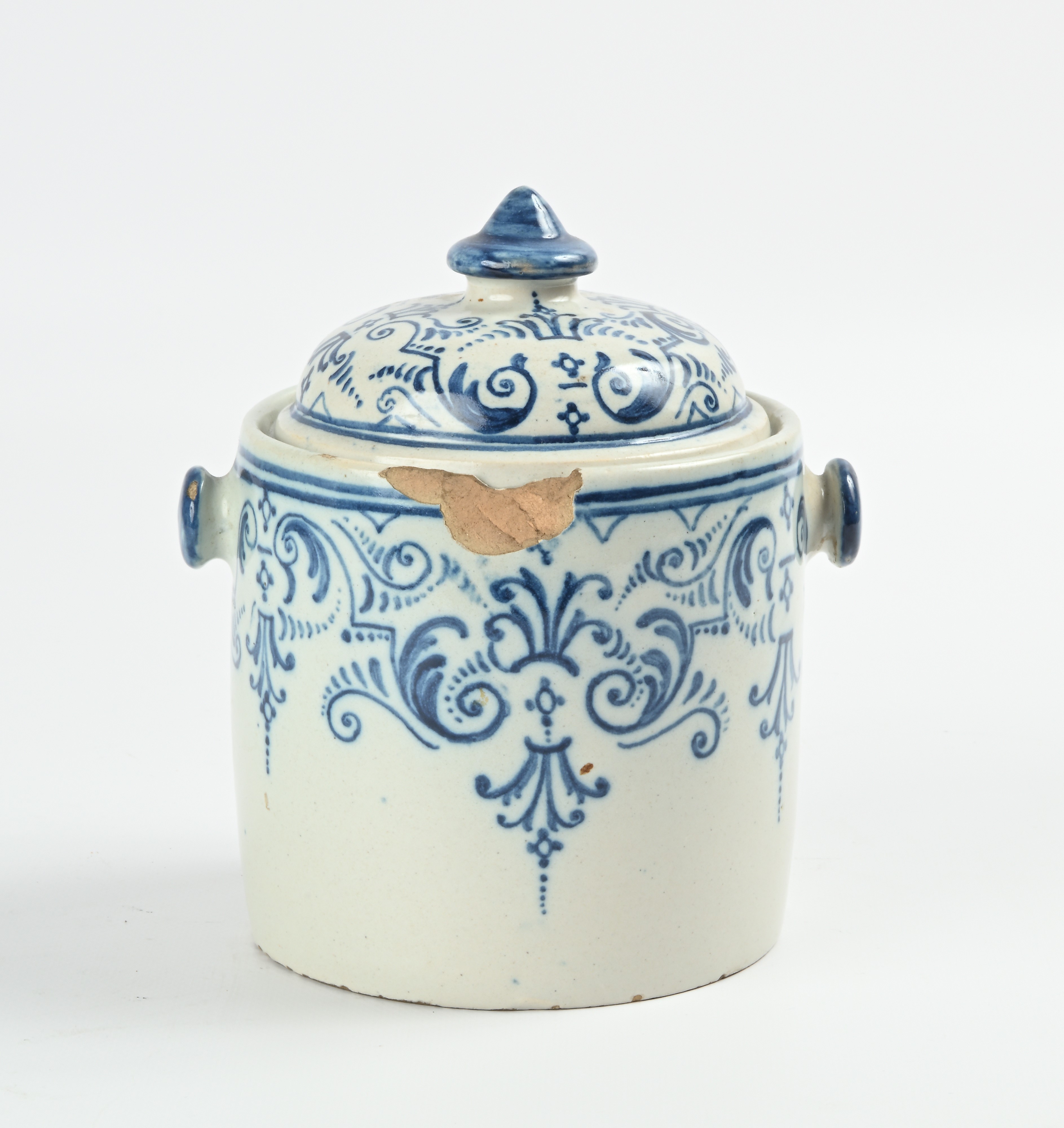 Scatola cilindrica con coperchio in ceramica, Talavera, Spagna
