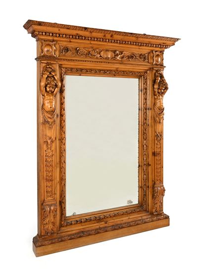 Specchiera rinascimentale in legno con putti scolpiti, cm 227x170