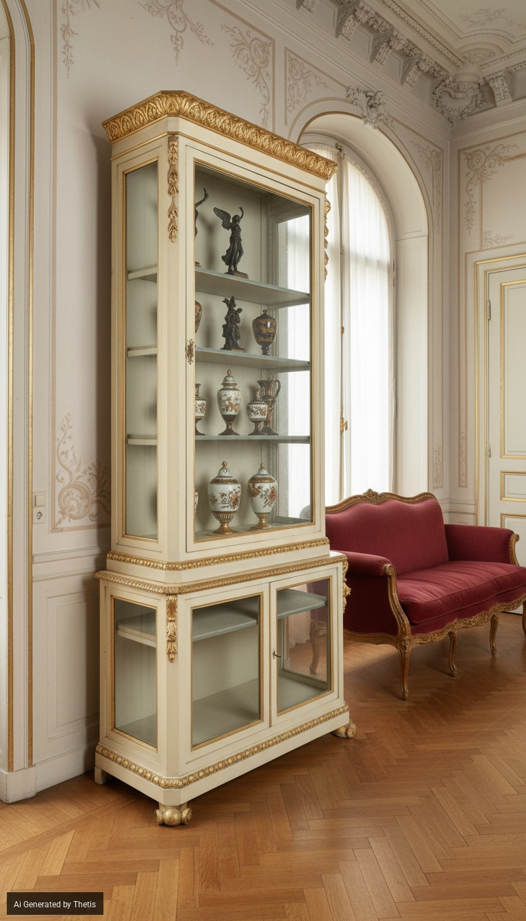 Vetrina a due corpi, legno laccato bianco e oro, XIX secolo