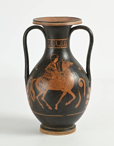 Vaso biansato in terracotta, riproduzione di una pelike greca, altezza cm 31