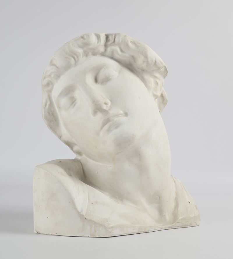 Frammento di testa in gesso, inizio XX secolo, ispirato al volto dello schiavo morente di Michela...