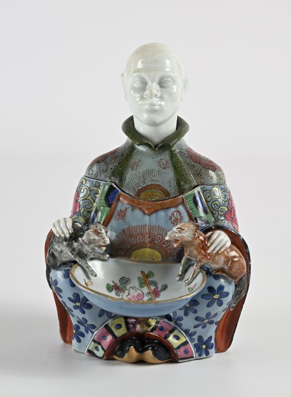 Spice bowl in porcellana policroma e legno, XIX secolo