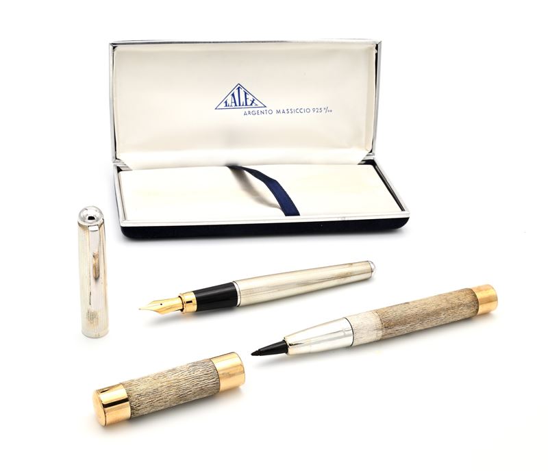 Penna stilografica in argento 925/000 e porta pennarello in argento 925/000