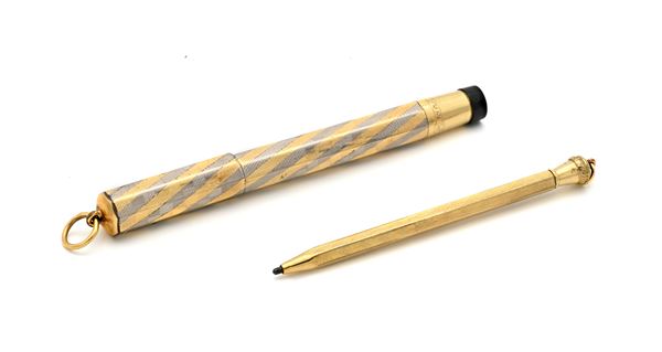 Kosca - Penna stilografica retrattile vintage rivestita in oro bicolore 18 Kt; e Portamine vintage rivestito in oro giallo