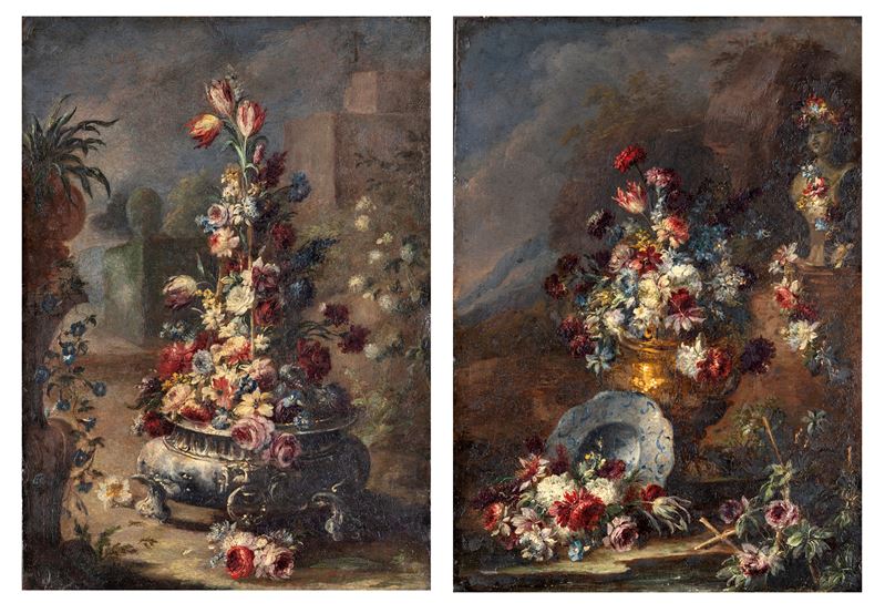 Pendant di nature morte con vasi di fiori