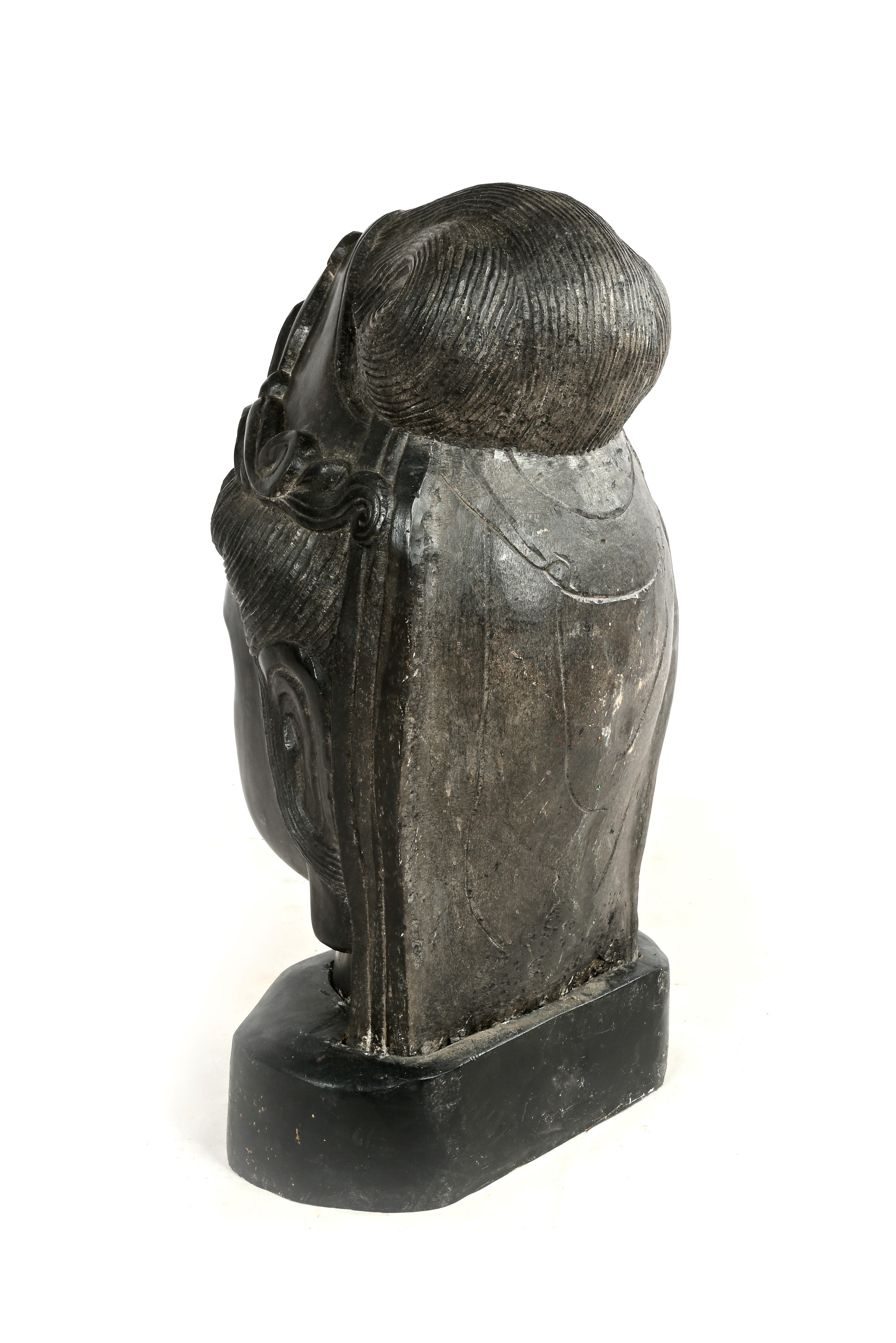 Grande testa di Bodhisattva Guan Yin in pietra nera, Cina, XIX secolo