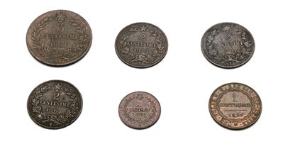 5 Centesimi 1861 Bologna; 2 Centesimi 1867t (2 Pz.); 2 Centesimi 1862n; 1 Centesimo 1867m Vittori...
