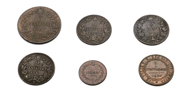 5 Centesimi 1861 Bologna; 2 Centesimi 1867T (2 pz.); 2 Centesimi 1862N; 1 Centesimo 1867M Vittorio Emanuele II Regno d'Italia; 1 Centesimo 1826 Genova Carlo Felice Regno di Sardegna