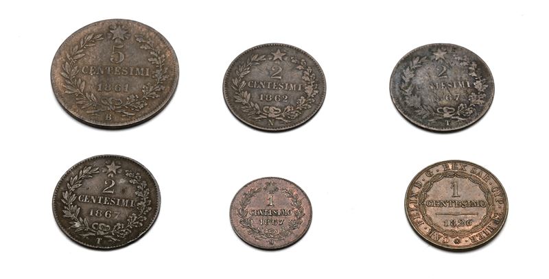 5 Centesimi 1861 Bologna; 2 Centesimi 1867t (2 Pz.); 2 Centesimi 1862n; 1 Centesimo 1867m Vittori...