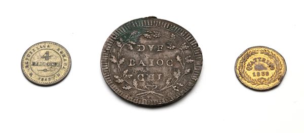 4 Baiocchi 1849R Seconda Repubblica Romana; Due Baiocchi senza data per Roma (37 mm) con iniziali T M Prima Repubblica Romana; Quattrino 1838R Gregorio XVI (in rame dorato)