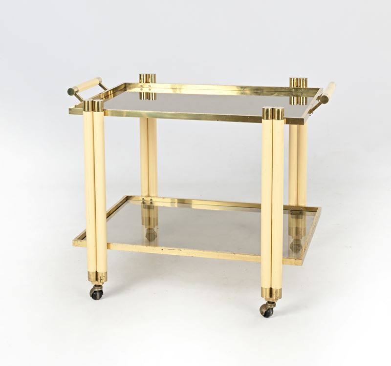 Carrello in ottone con piani in vetro