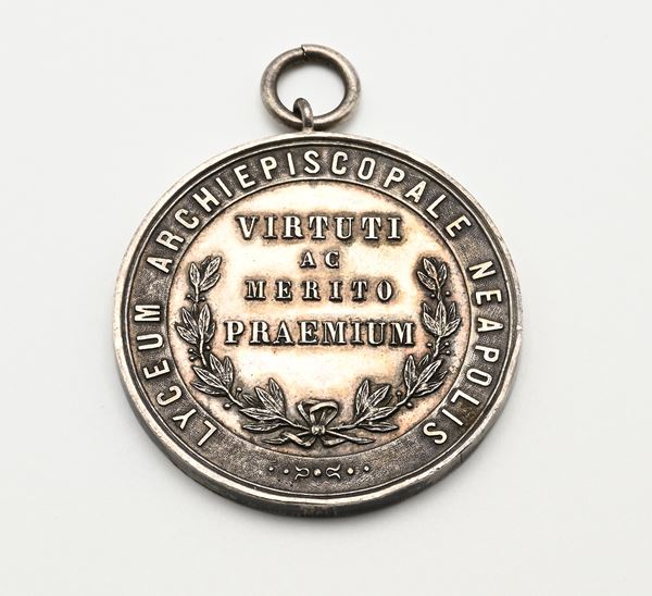 Medaglia premio "Virtù e merito" in argento del Lyceum Archiepiscopale Neapolis. Guglielmo Sanfelice d'Acquavella (1834–1897) 