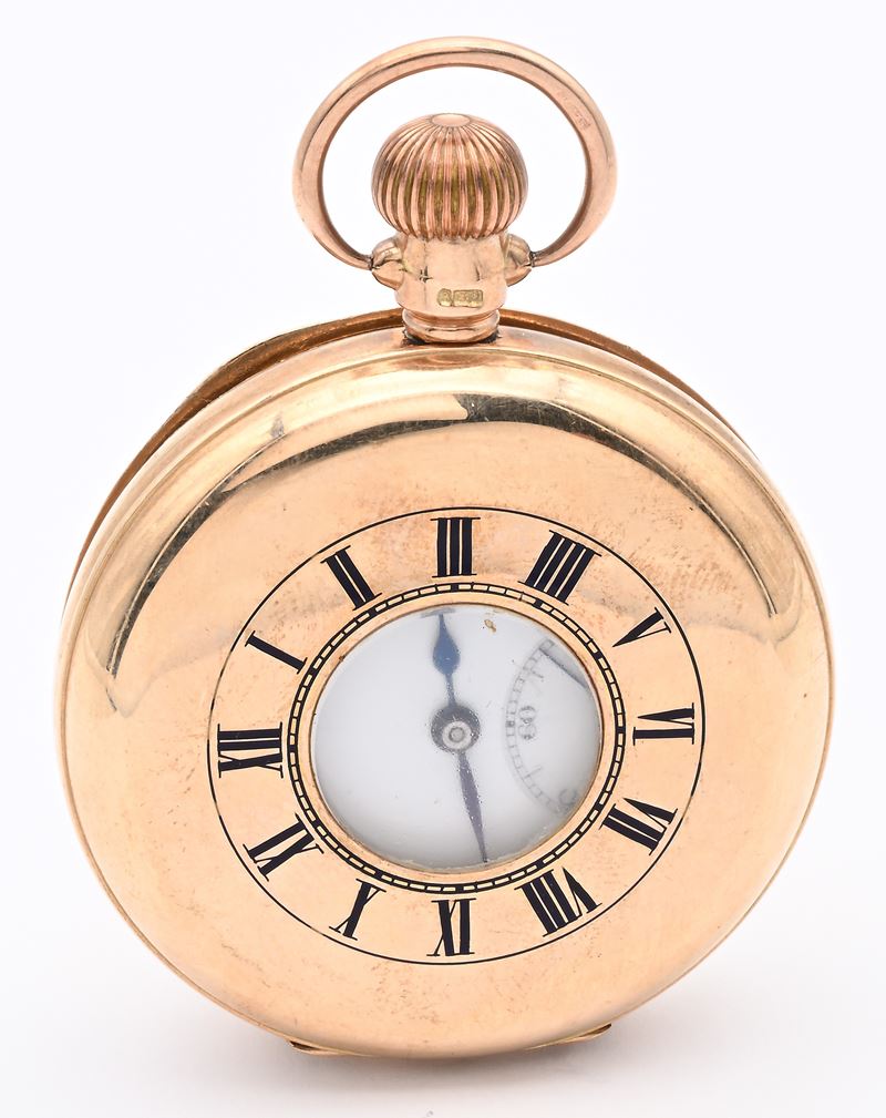 Orologio svizzero da tasca “ad occhio di bue”, con scappamento ad ancora e remontoir, in oro 9 kt...