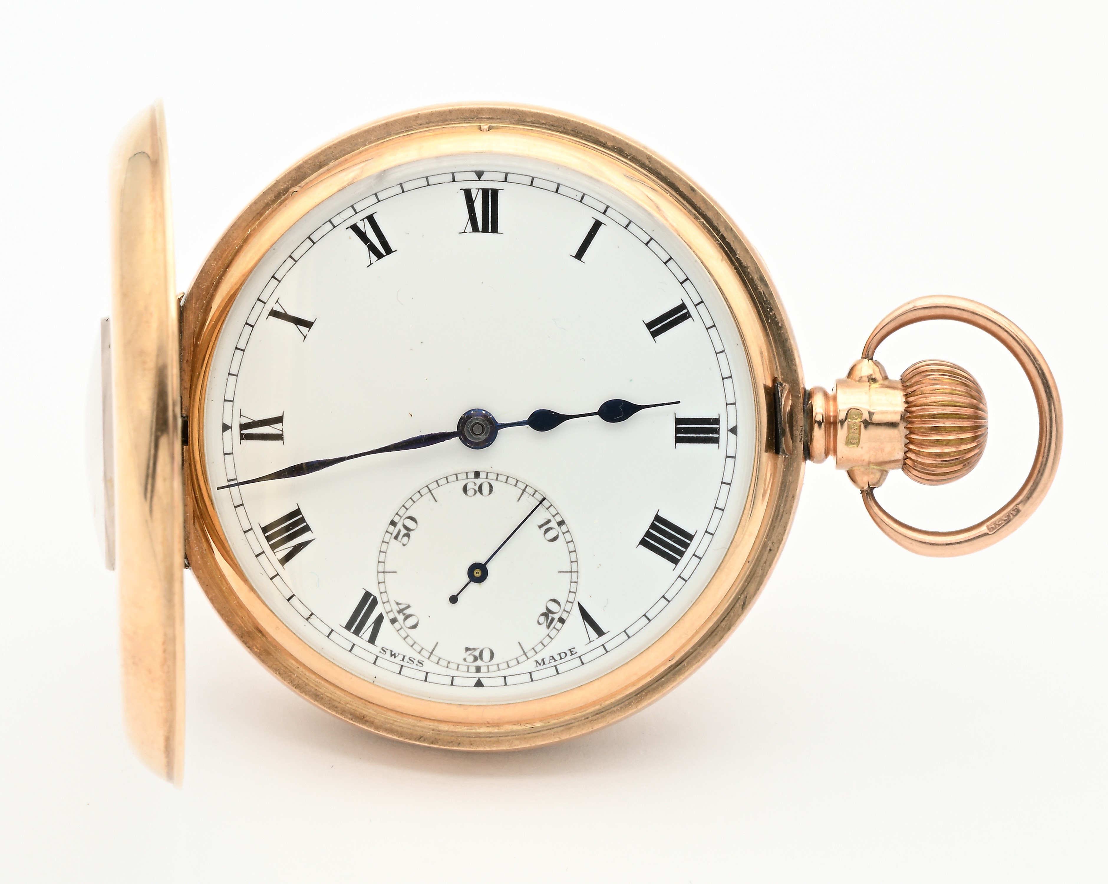 Orologio svizzero da tasca “ad occhio di bue”, con scappamento ad ancora e remontoir, in oro 9 kt...