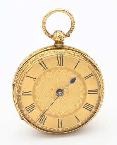 Orologio da tasca in oro 18Kt, scappamento ad ancora e conoide, punzoni Londra 1875