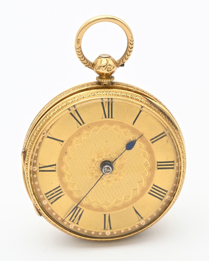 Orologio da tasca in oro 18Kt, scappamento ad ancora e conoide, punzoni Londra 1875