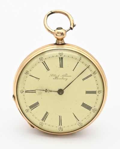 Albert Nohmer, Orologio da tasca in oro 14 K con scappamento a cilindro e carica a chiavetta