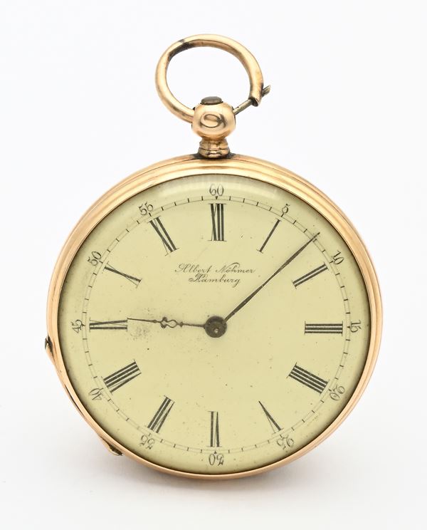 Albert Nohmer Hamburg & Chaux de Fonds - Orologio da tasca con scappamento a cilindro carica a chiavetta da uomo in oro 14Kt con incisione raffigurante la Seemannshaus sul retro 