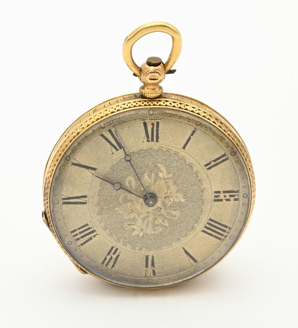 Orologio da tasca con scappamento a cilindro carica a chiavetta in oro 18Kt