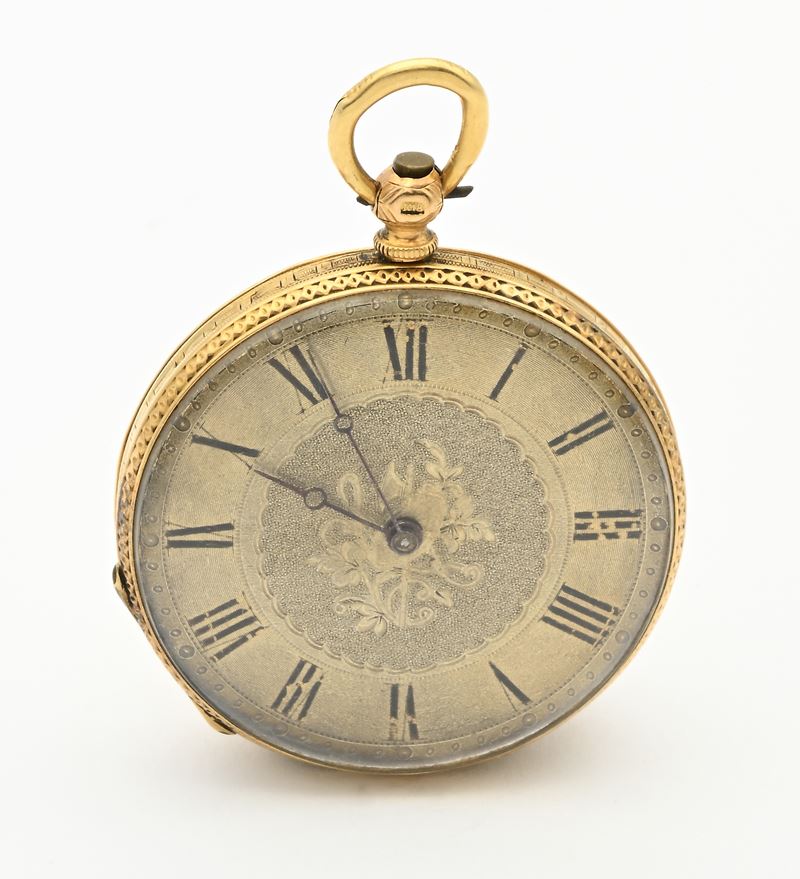 Orologio da tasca, scappamento a cilindro carica a chiavetta in oro 18 Kt