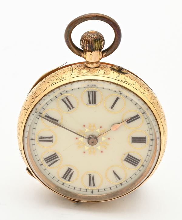 Orologio da tasca con scappamento a cilindro remontoir in oro 14Kt