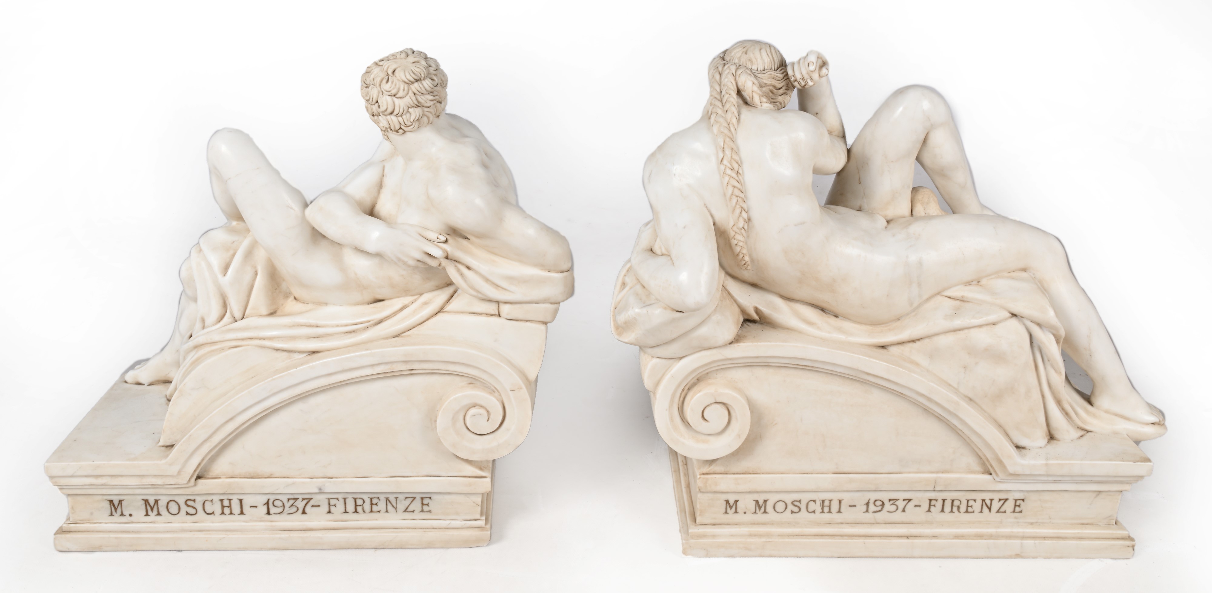 Mario Moschi - Allegoria del Giorno e della Notte, sculture in marmo bianco