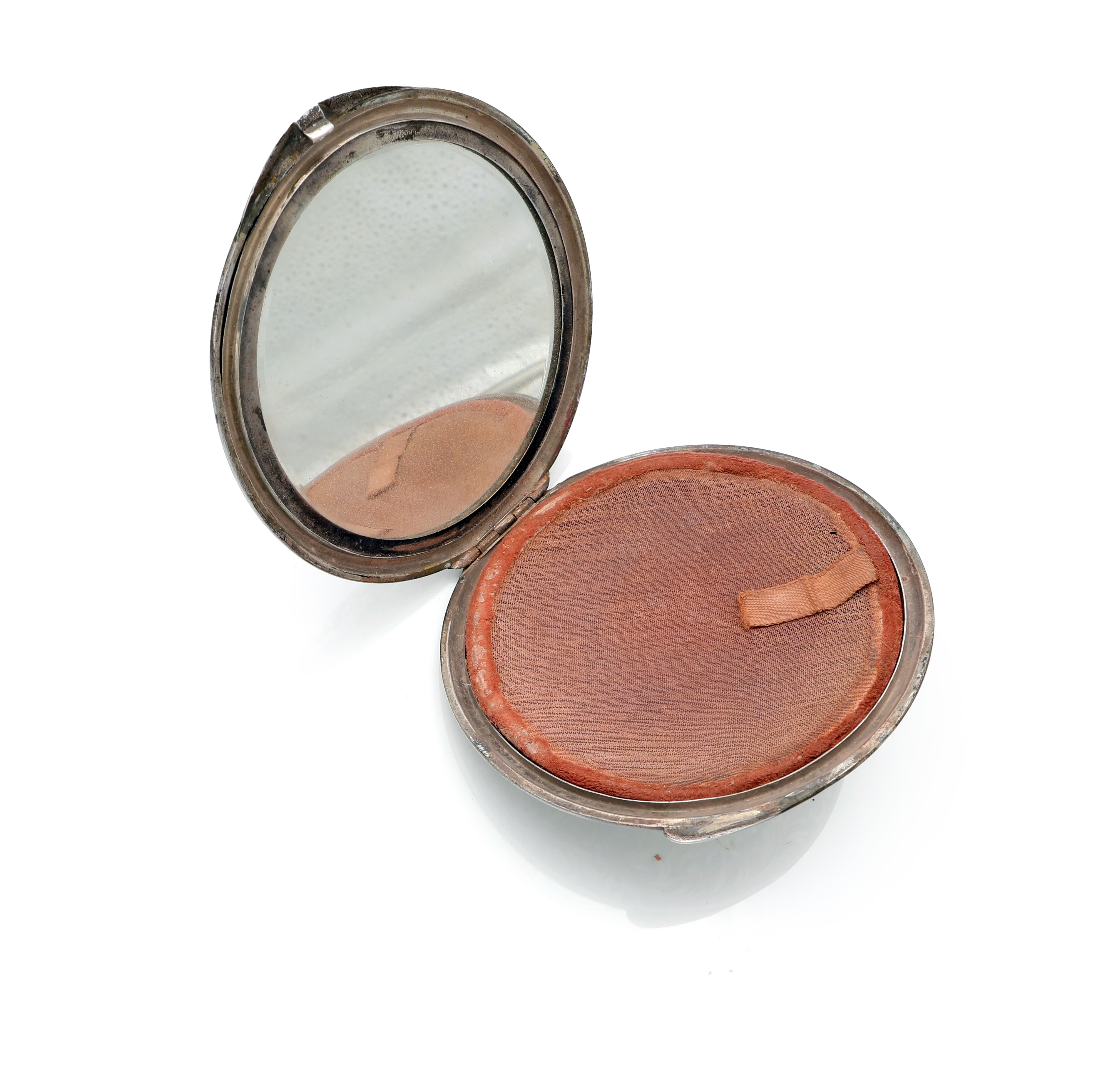 Portacipria in argento inciso con specchio, diametro cm 10