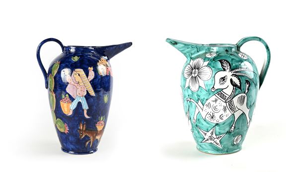 Lotto di due versatoi in ceramica smaltata, Avallone Vietri sul Mare