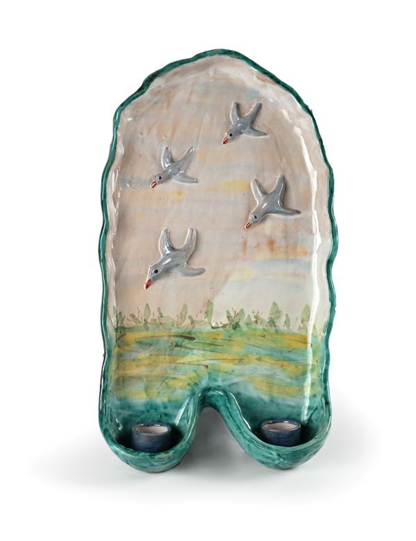 Candeliere da parete in ceramica smaltata, produzione Solimene, Vietri sul Mare